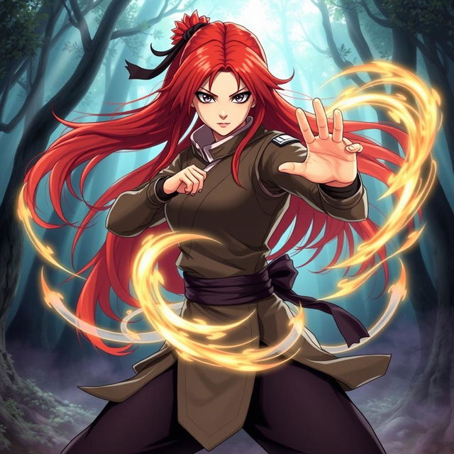 Kushina Uzumaki, a female character with long red hair and a fierce expression, wearing a traditional Japanese ninja outfit with a modern twist