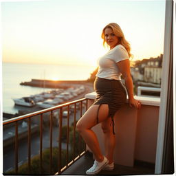 A curvy chubby blonde woman around 40 years old is posing seductively on a balcony overlooking the harbor at St Ives