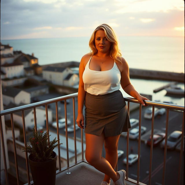 A curvy chubby blonde woman around 40 years old is posing seductively on a balcony overlooking the harbor at St Ives