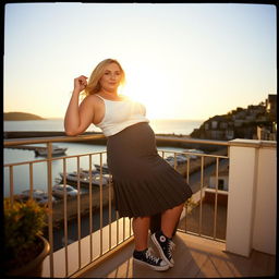 A curvy chubby blonde woman around 40 years old is posing seductively on a balcony overlooking the harbor at St Ives