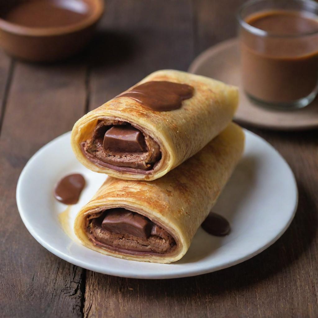 A freshly made Marquesita, a typical Yucatecan dessert, filled with Nutella and cheese, its golden brown crunchy crepe rolled into a cylinder, placed on a rustic wooden table with soft background lighting.