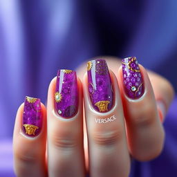 An exquisite nail design themed around 'dreams', featuring a rich purple base infused with sparkling elements