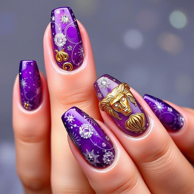 An exquisite nail design themed around 'dreams', featuring a rich purple base infused with sparkling elements