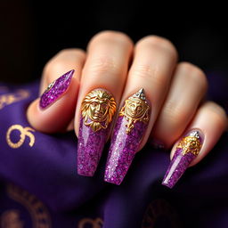 An exquisite nail design themed around 'dreams', featuring a rich purple base infused with sparkling elements