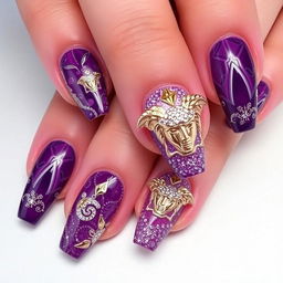 An exquisite nail design themed around 'dreams', featuring a rich purple base infused with sparkling elements