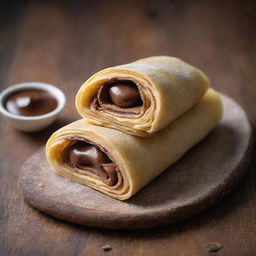 A freshly made Marquesita, a typical Yucatecan dessert, filled with Nutella and cheese, its golden brown crunchy crepe rolled into a cylinder, placed on a rustic wooden table with soft background lighting.