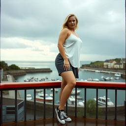 A curvy chubby blonde woman around 40 years old is posing seductively on a balcony overlooking the harbor at St Ives