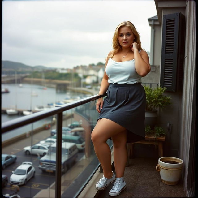 A curvy chubby blonde woman around 40 years old is posing seductively on a balcony overlooking the harbor at St Ives