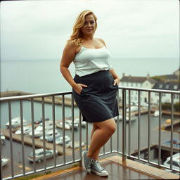 A curvy chubby blonde woman around 40 years old is posing seductively on a balcony overlooking the harbor at St Ives