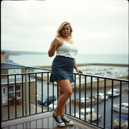 A curvy chubby blonde woman around 40 years old is posing seductively on a balcony overlooking the harbor at St Ives