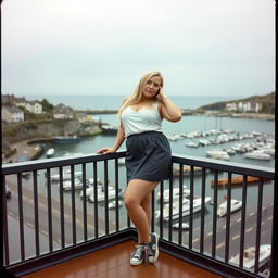 A curvy chubby blonde woman around 40 years old is posing seductively on a balcony overlooking the harbor at St Ives