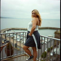 A curvy chubby blonde woman around 40 years old is posing seductively on a balcony overlooking the harbor at St Ives