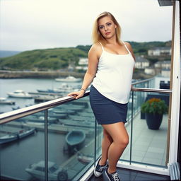 A curvy chubby blonde woman around 40 years old is posing seductively on a balcony overlooking the harbor at St Ives