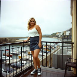 A curvy chubby blonde woman around 40 years old is posing seductively on a balcony overlooking the harbor at St Ives