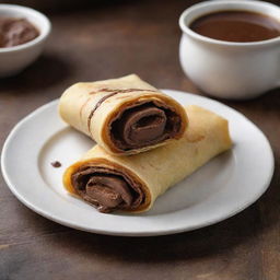 A freshly made Marquesita, a typical Yucatecan dessert, filled with Nutella and cheese, its golden brown crunchy crepe rolled into a cylinder, placed on a rustic wooden table with soft background lighting.