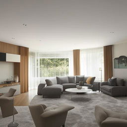 Stylish and modern interior of a spacious living room with sleek furniture, large windows and natural lighting.