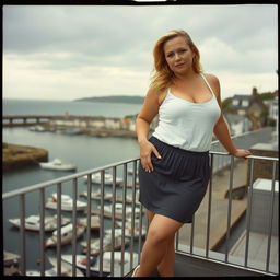 A curvy chubby blonde woman around 40 years old is posing seductively on a balcony overlooking the harbor at St Ives