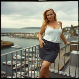 A curvy chubby blonde woman around 40 years old is posing seductively on a balcony overlooking the harbor at St Ives