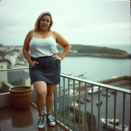 A curvy chubby blonde woman around 40 years old is posing seductively on a balcony overlooking the harbor at St Ives