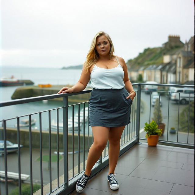 A curvy chubby blonde woman around 40 years old is posing seductively on a balcony overlooking the harbor at St Ives