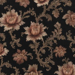 An up-close perspective of dark atlas fabric, adorned with intricate floral designs. The texture should convey the silky smoothness typical of atlas material.