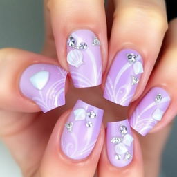 A dream-themed nail design featuring a palette of lilac and violet hues