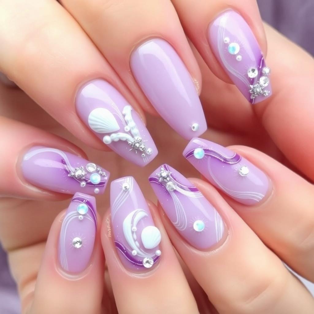 A dream-themed nail design featuring a palette of lilac and violet hues