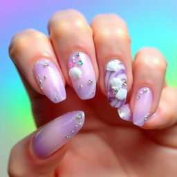 A dream-themed nail design featuring a palette of lilac and violet hues