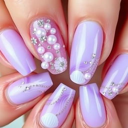 A dream-themed nail design featuring a palette of lilac and violet hues