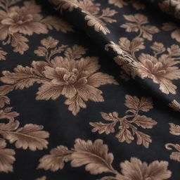 An up-close perspective of dark atlas fabric, adorned with intricate floral designs. The texture should convey the silky smoothness typical of atlas material.