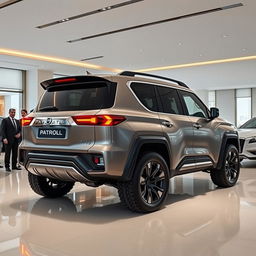 A futuristic Nissan Patrol 2026 in a luxurious car showroom