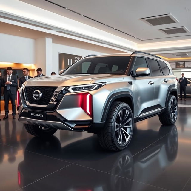 A futuristic Nissan Patrol 2026 in a luxurious car showroom