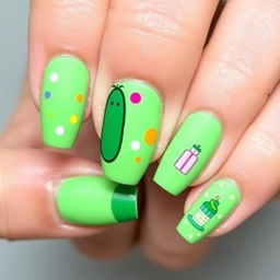 A festive manicure perfect for a birthday celebration, featuring green matte nails adorned with playful designs