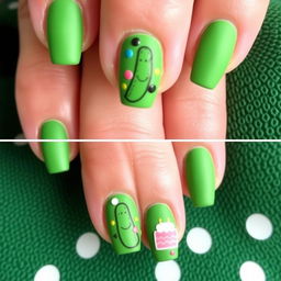 A festive manicure perfect for a birthday celebration, featuring green matte nails adorned with playful designs