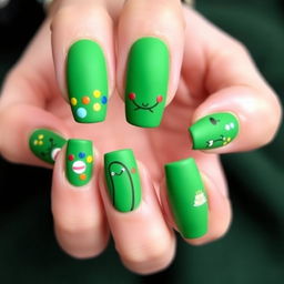 A festive manicure perfect for a birthday celebration, featuring green matte nails adorned with playful designs