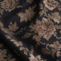 An up-close perspective of dark atlas fabric, adorned with intricate floral designs. The texture should convey the silky smoothness typical of atlas material.