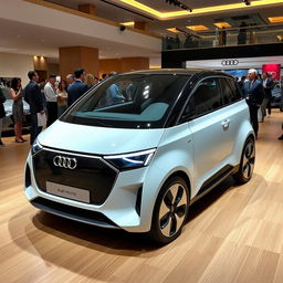 Audi's innovative micro car, comparable in size to the Citroen Ami, showcased elegantly in a car saloon