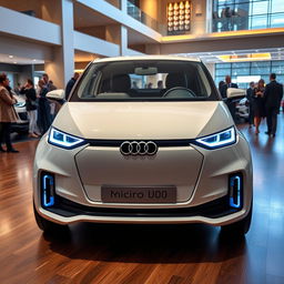 Audi's innovative micro car, comparable in size to the Citroen Ami, showcased elegantly in a car saloon