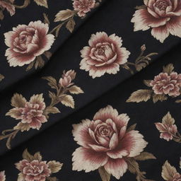 An up-close perspective of dark atlas fabric, adorned with intricate floral designs. The texture should convey the silky smoothness typical of atlas material.