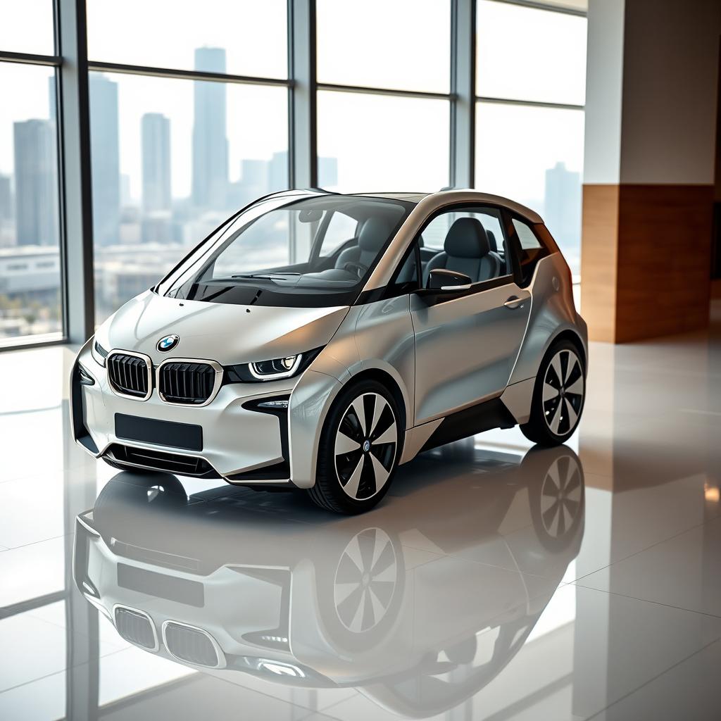 A sleek, futuristic BMW micro car, the size of a Citroen Ami, showcased in an elegant car showroom