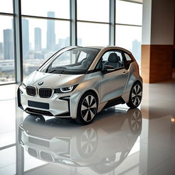 A sleek, futuristic BMW micro car, the size of a Citroen Ami, showcased in an elegant car showroom