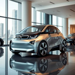 A sleek, futuristic BMW micro car, the size of a Citroen Ami, showcased in an elegant car showroom