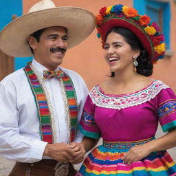 Vibrant scene of traditional Mexican characters, both male and female, wearing folkloric attire, laughing and enjoying Yucatecan marquesitas.