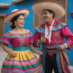 Vibrant scene of traditional Mexican characters, both male and female, wearing folkloric attire, laughing and enjoying Yucatecan marquesitas.