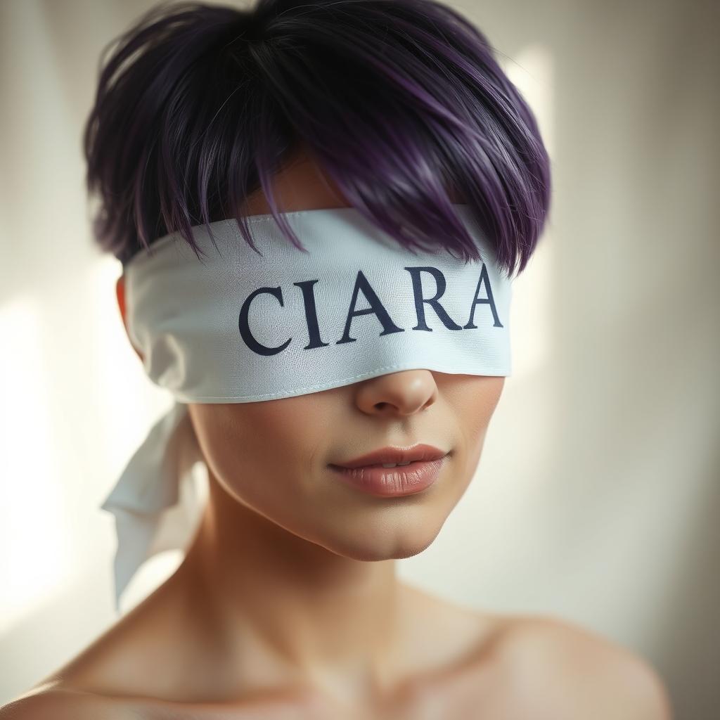 A woman with short purple hair and her eyes covered by a white cloth that has the word 'CIARA' written on it