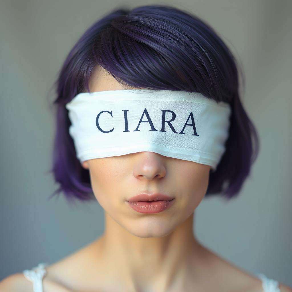 A woman with short purple hair and her eyes covered by a white cloth that has the word 'CIARA' written on it