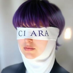 A woman with short purple hair and her eyes covered by a white cloth that has the word 'CIARA' written on it