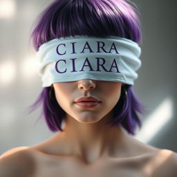 A woman with short purple hair and her eyes covered by a white cloth that has the word 'CIARA' written on it