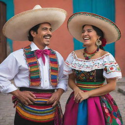 Vibrant scene of traditional Mexican characters, both male and female, wearing folkloric attire, laughing and enjoying Yucatecan marquesitas.