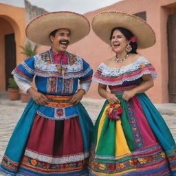 Vibrant scene of traditional Mexican characters, both male and female, wearing folkloric attire, laughing and enjoying Yucatecan marquesitas.